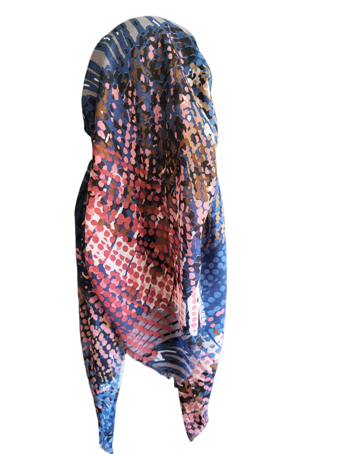 Blue dotted patterned - long back pre-tied kerchief w/band sewn in  -  soft fringed edges material