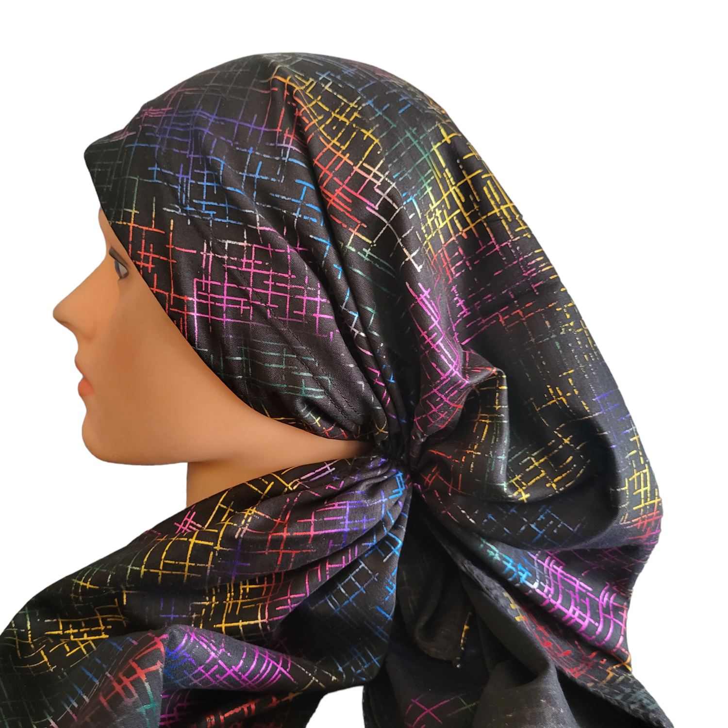 Black colorful metallic lines - long back pre-tied kerchief w/band sewn in