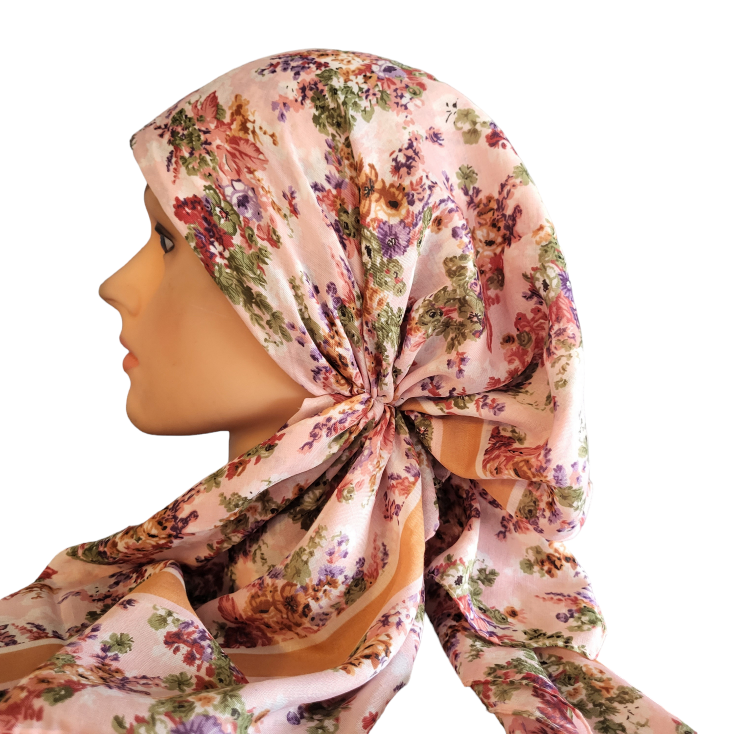 Peachy pink - floral Turkish pretied tichel (BBS)