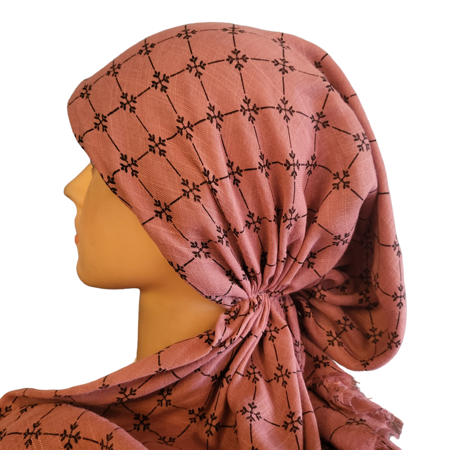 Mauve/flowers - pretied tichel WITH adjustable pull tab &amp; band sewn in