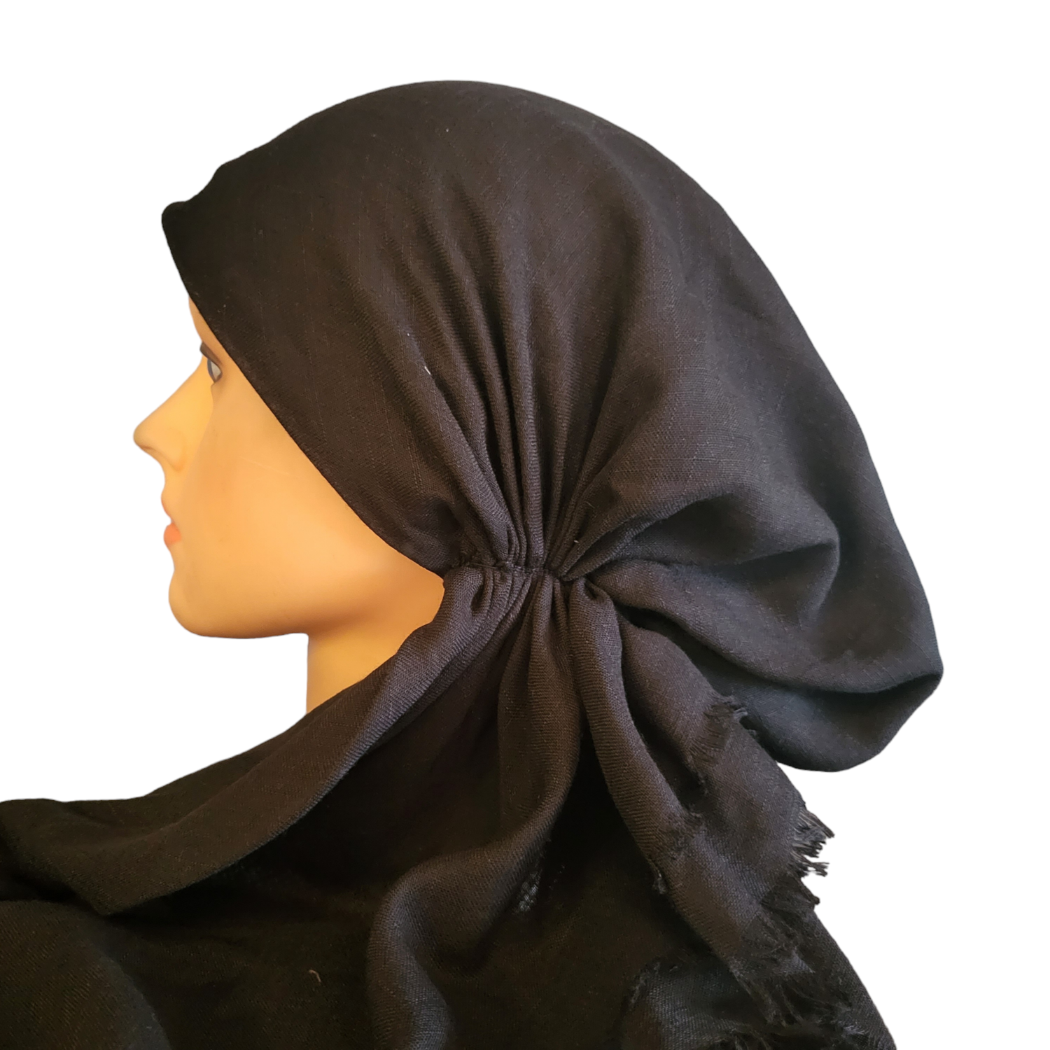 Solid black pretied tichel WITH adjustable pull tab &amp; band sewn in