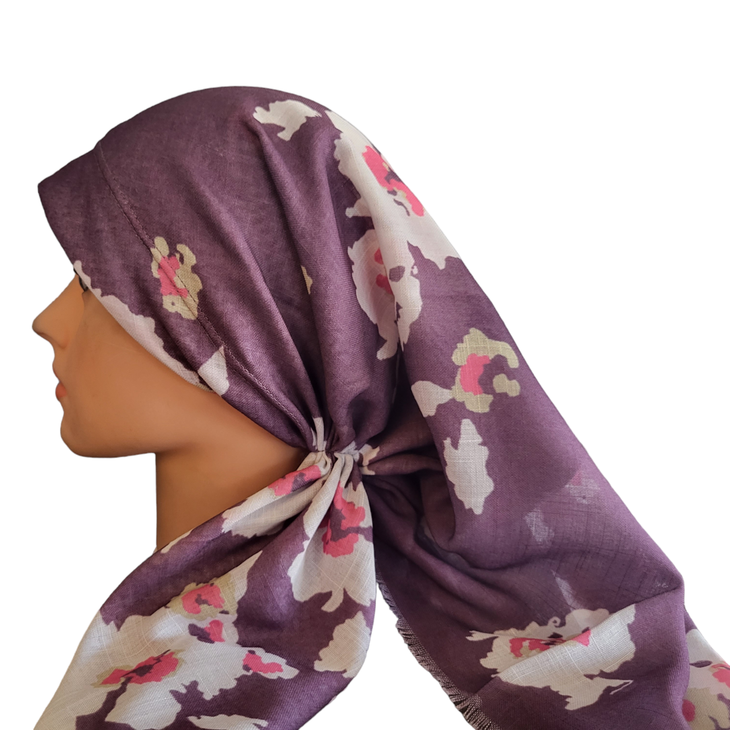 Berry floral - long back pre-tied kerchief w/band sewn in  -  soft fringed edges material