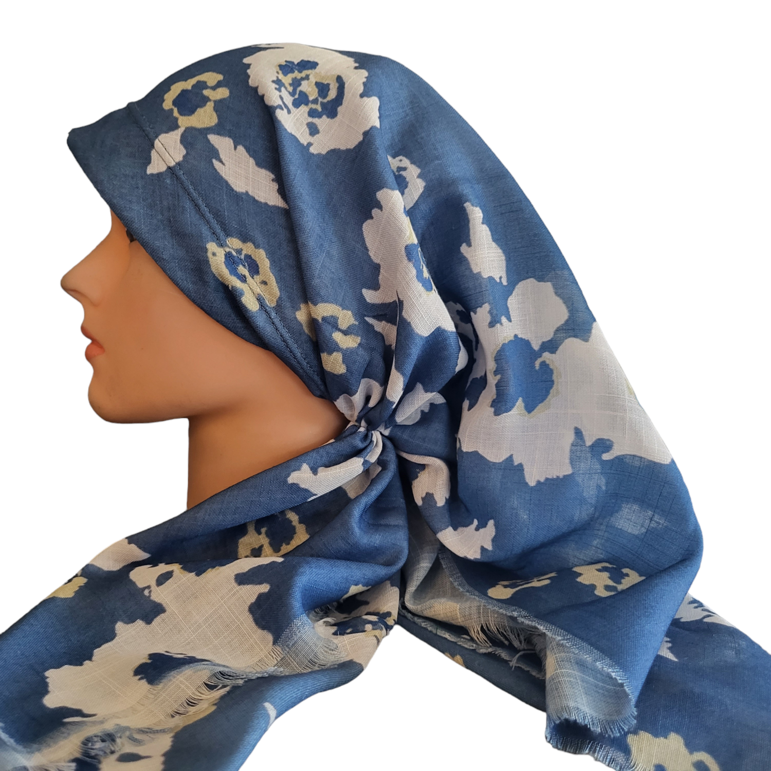 Denim floral - long back pre-tied kerchief w/band sewn in  -  soft fringed edges material