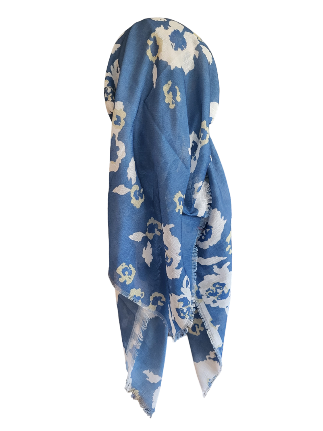 Denim floral - long back pre-tied kerchief w/band sewn in  -  soft fringed edges material