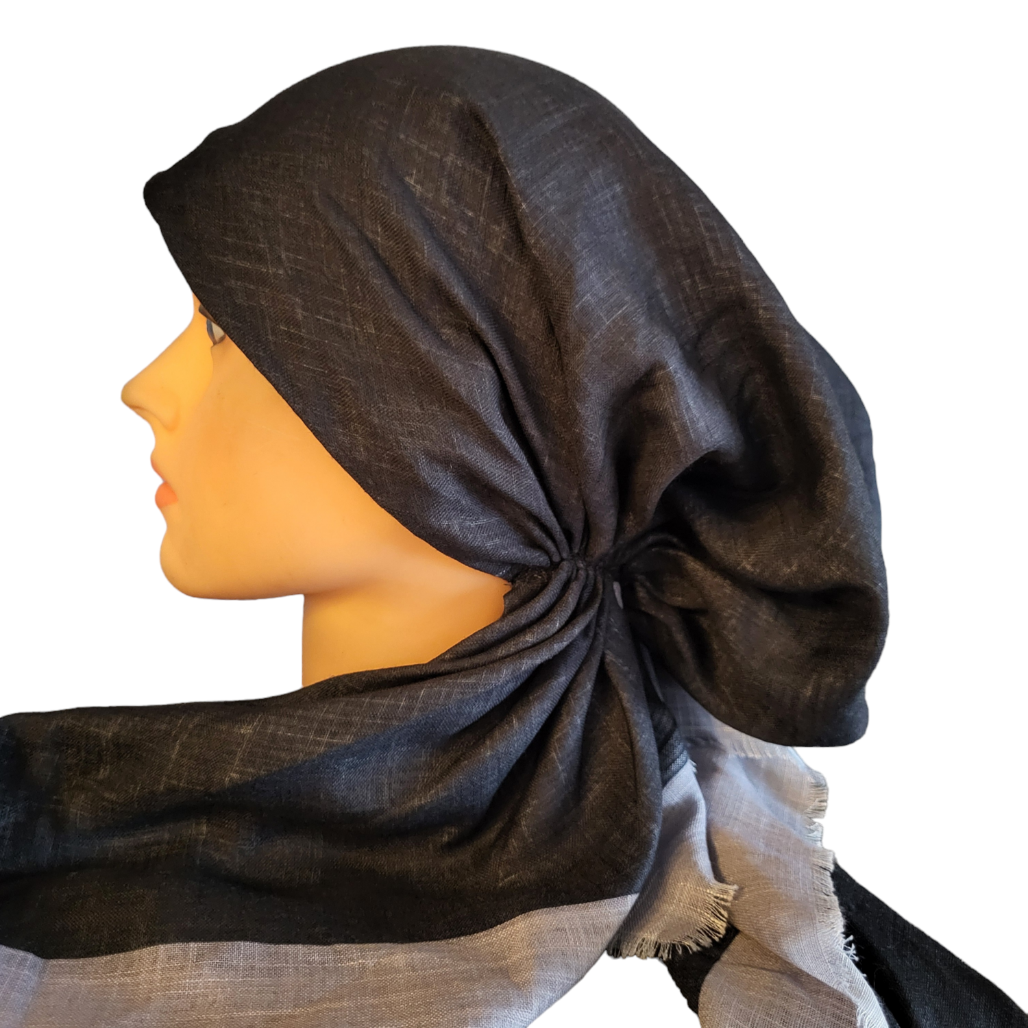 Black/gray border pretied tichel WITH adjustable pull tab &amp; band sewn in