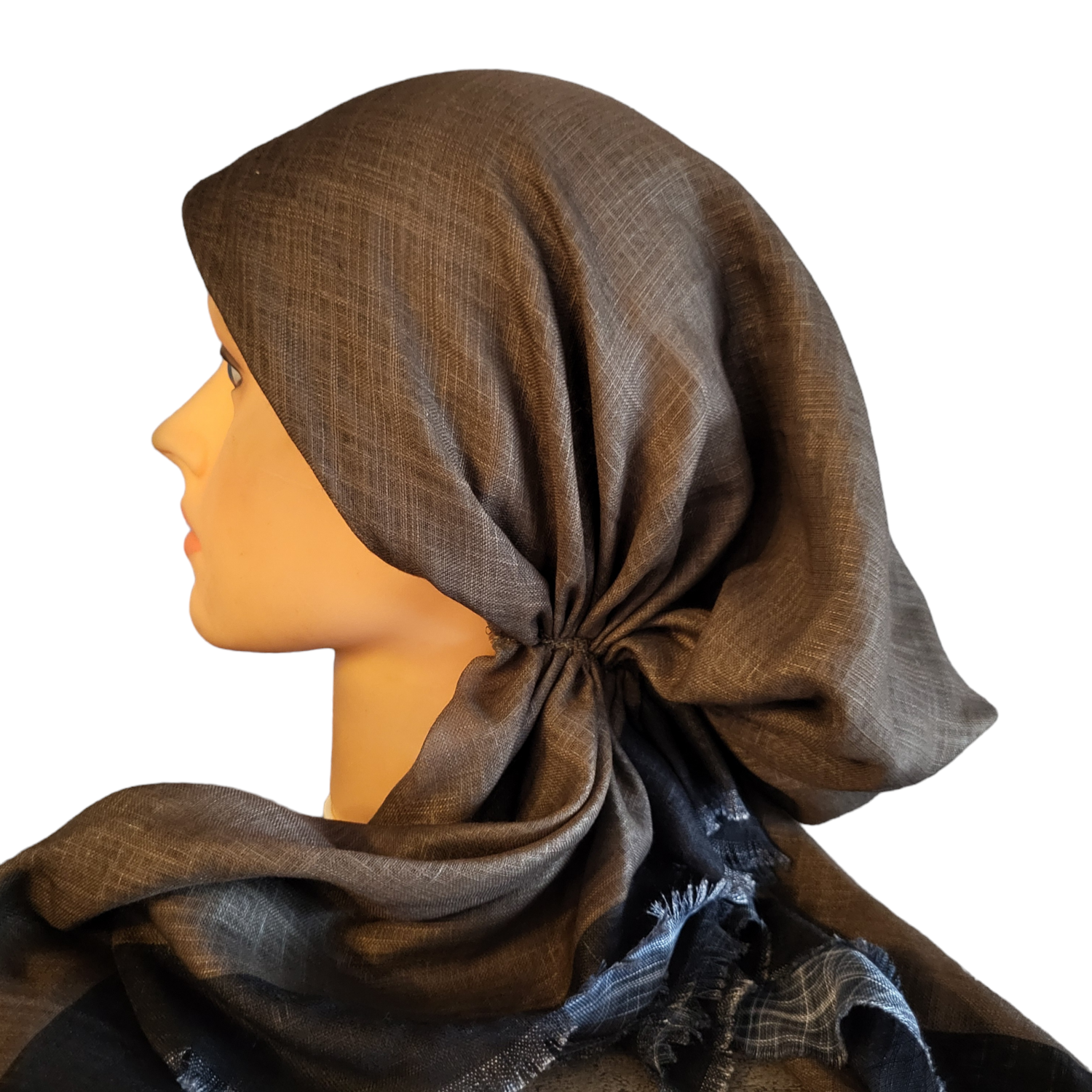 Olive/black border pretied tichel WITH adjustable pull tab &amp; band sewn in