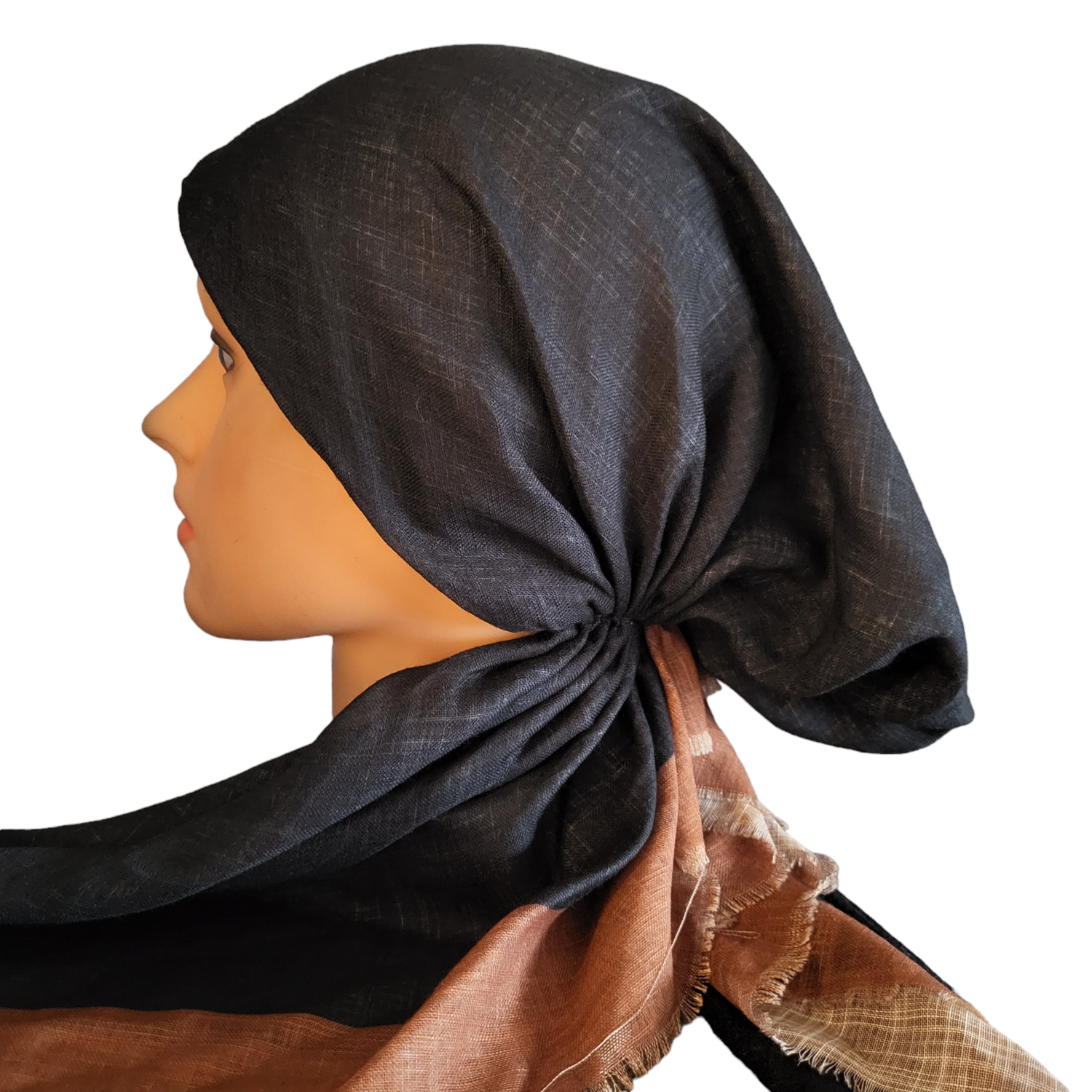 Black/camel border pretied tichel WITH adjustable pull tab &amp; band sewn in