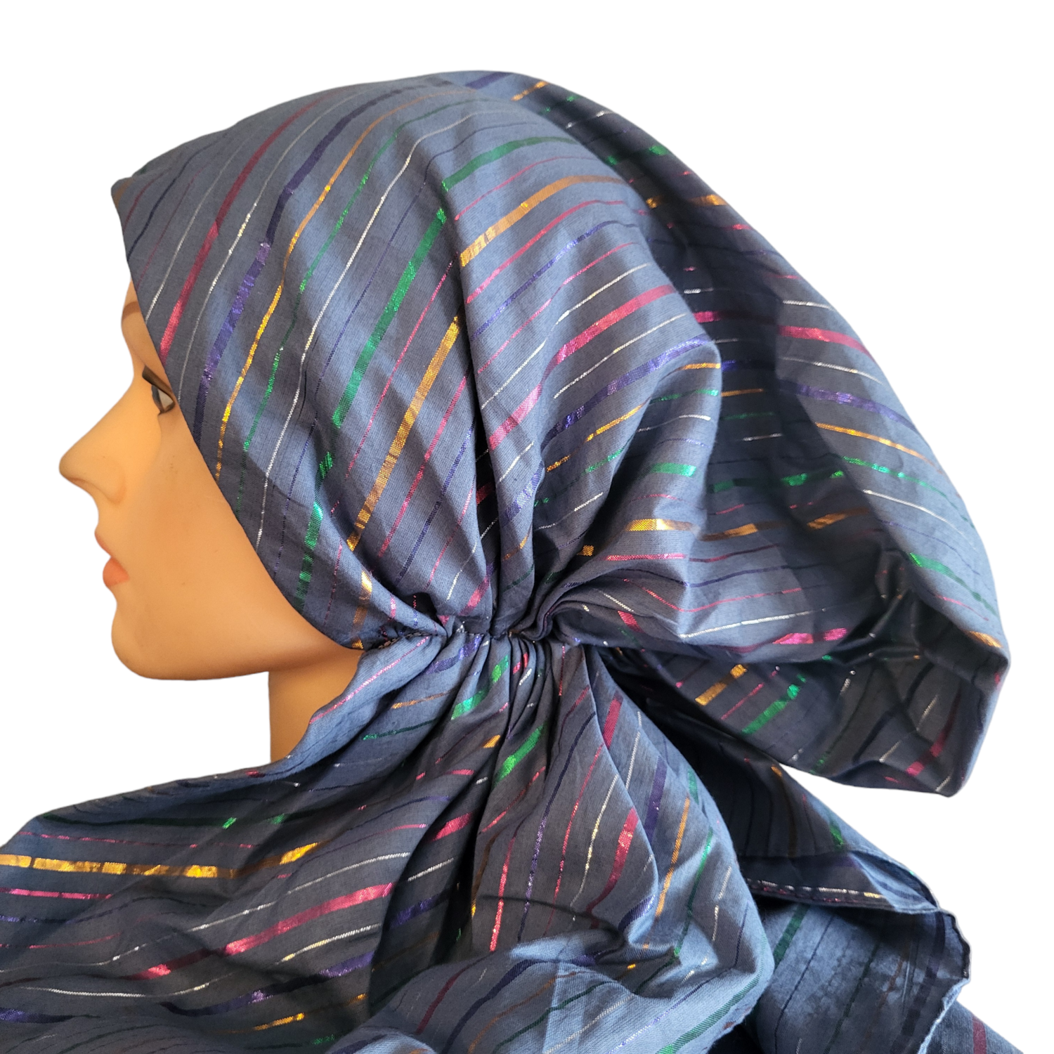 Cotton thick stripes pretied tichel - denim