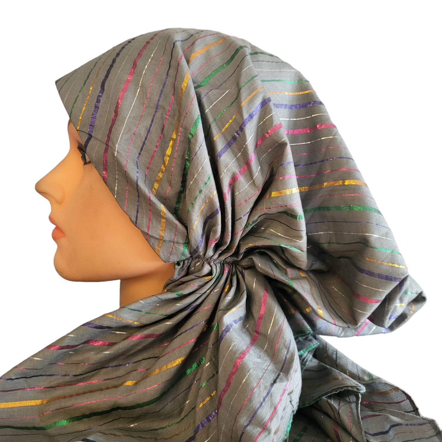 Cotton thick stripes pretied tichel - medium gray