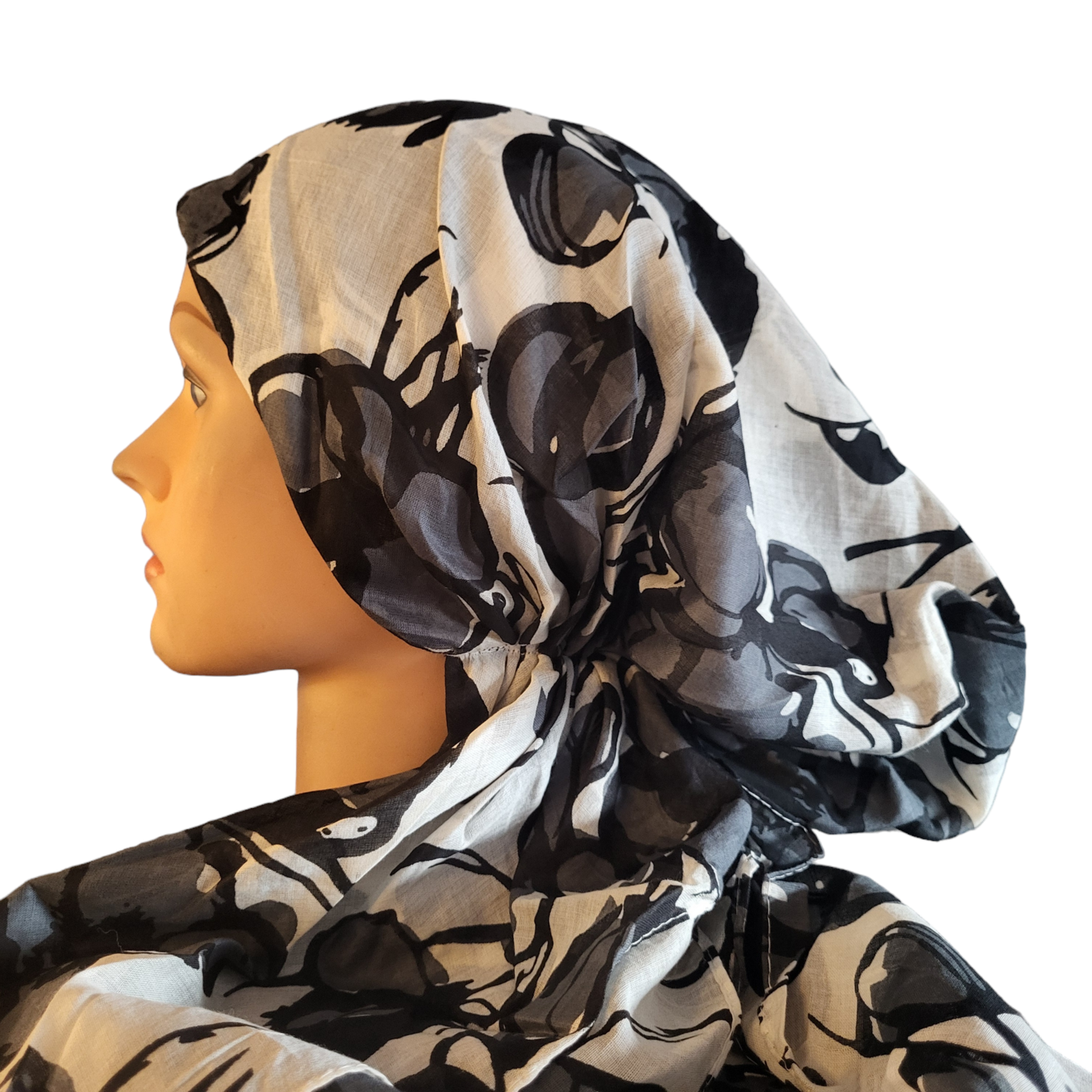 Cotton super thin - large flowers pretied tichel - gray