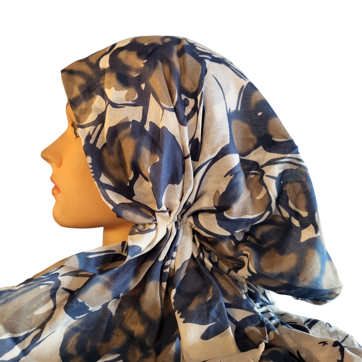 Cotton super thin - large flowers pretied tichel - denim