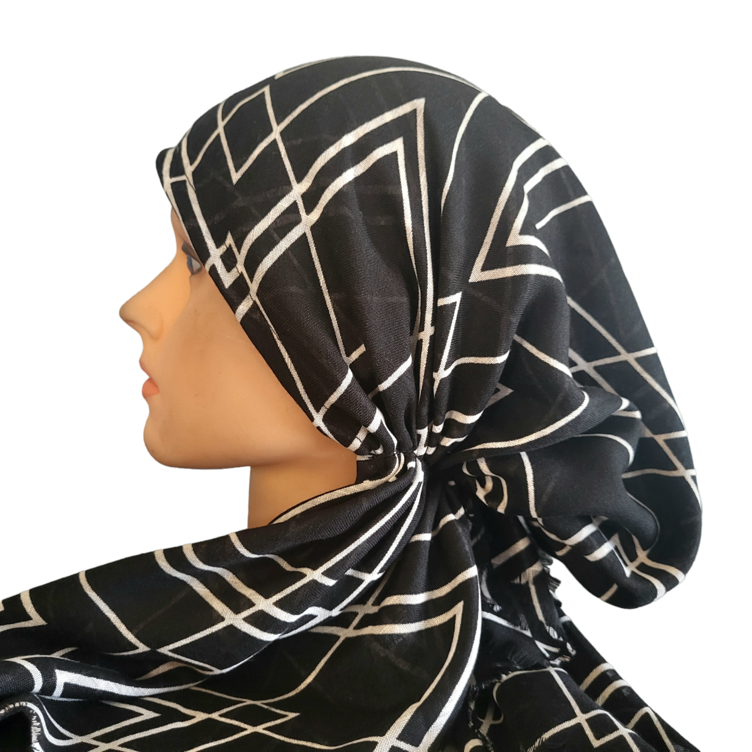 Black/White - soft fringes pretied tichel - lines