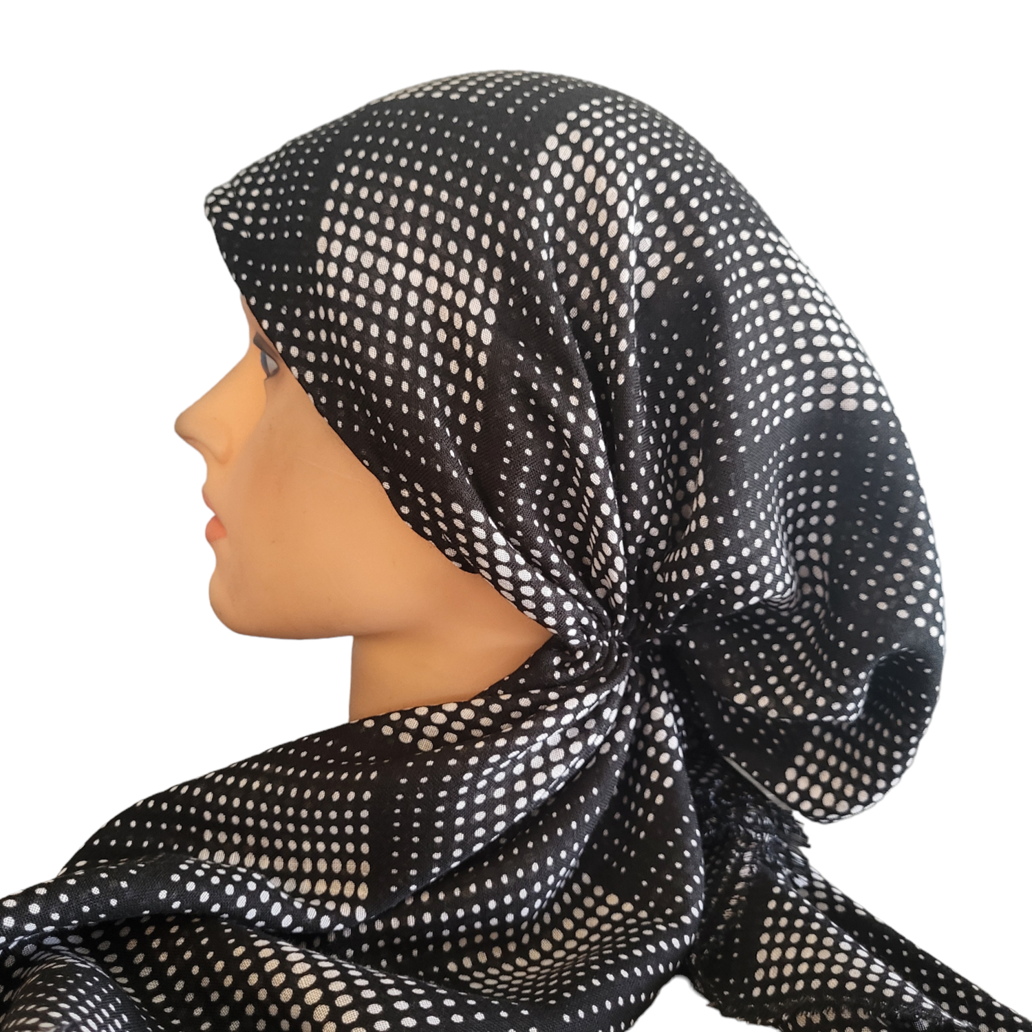 Black/White - soft fringes pretied tichel - dotted