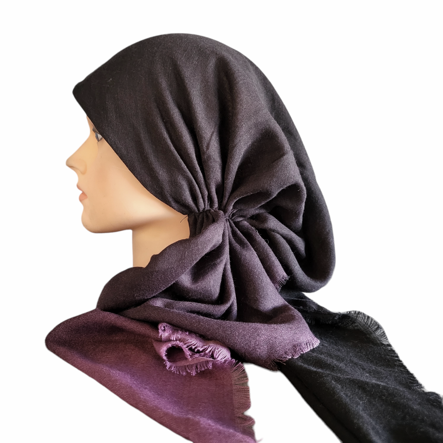 Shades of black/dull berry - shaded soft fringes pretied tichel