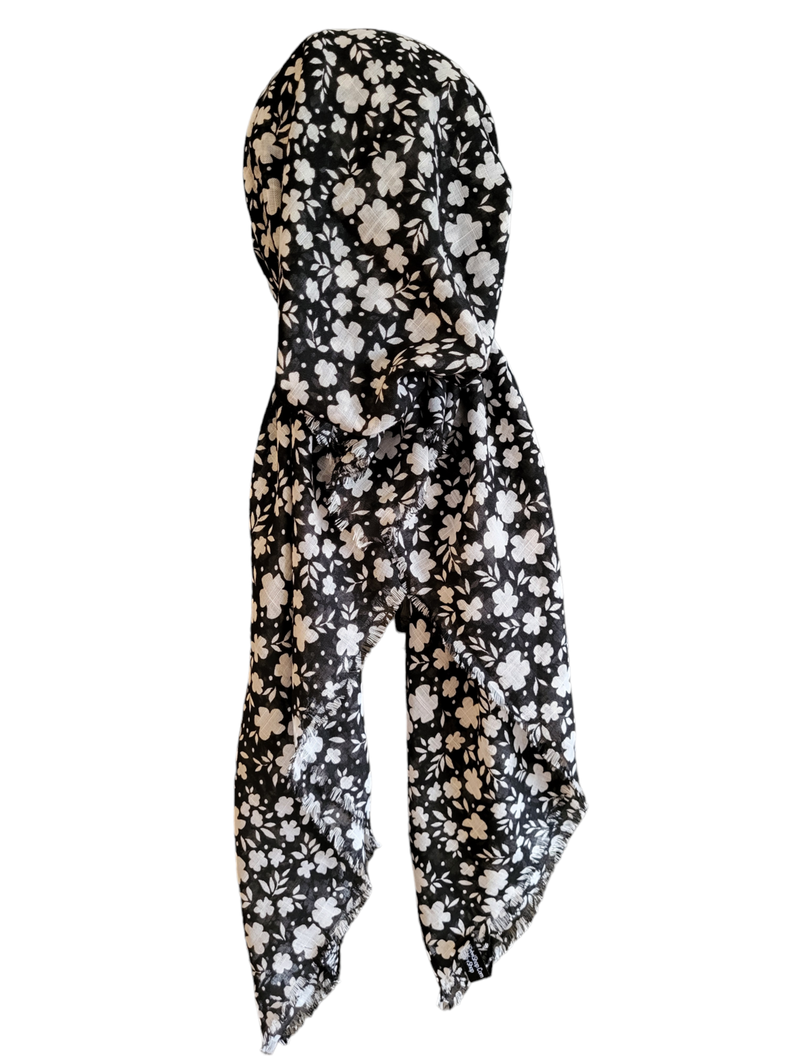 Black/White - soft fringes pretied tichel - small flowers