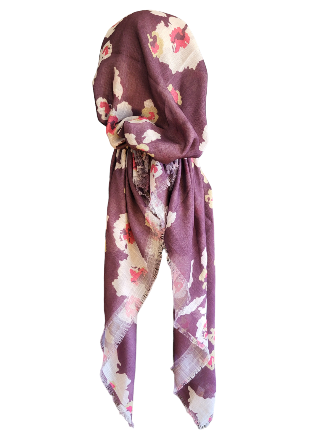 Dusty berry - white flowers - soft fringes pretied tichel