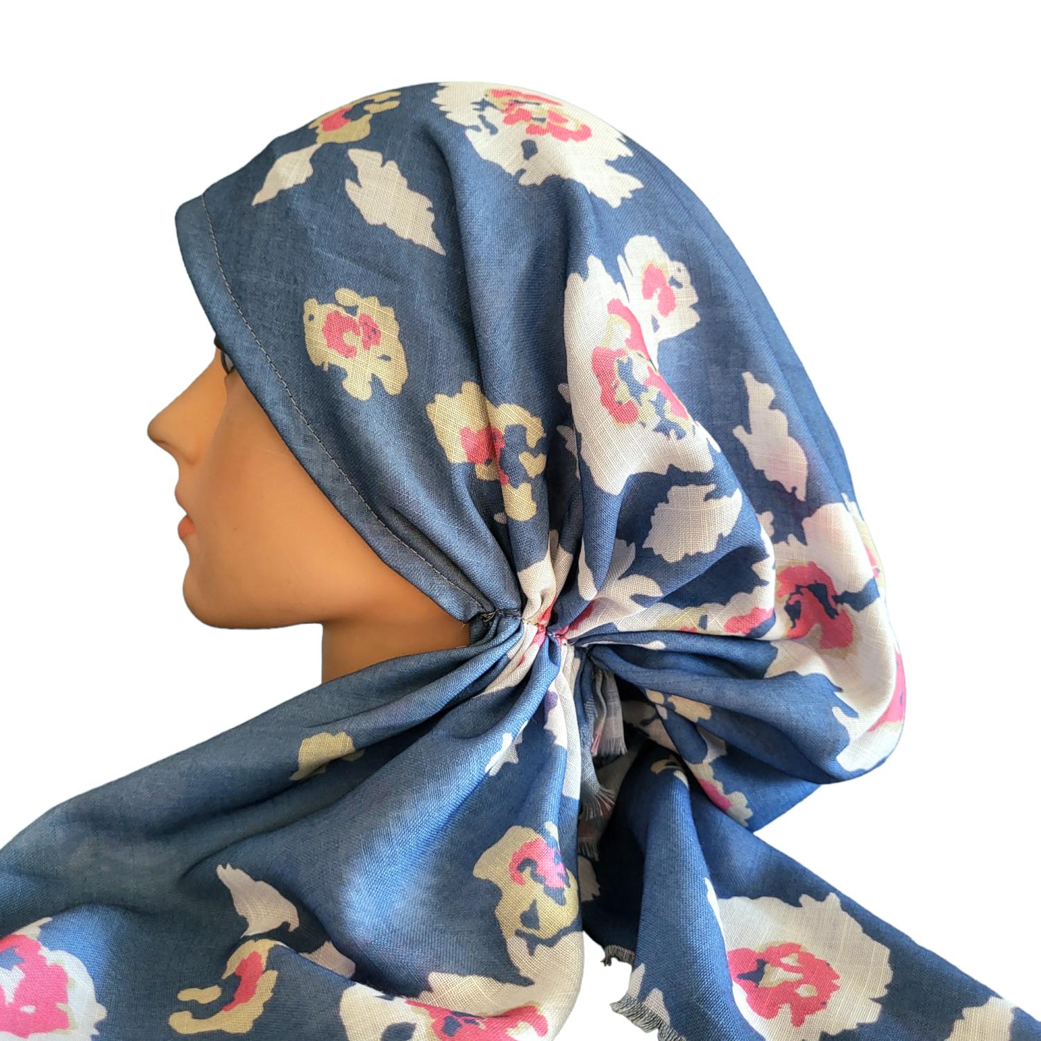 Dusty denim - white flowers - soft fringes pretied tichel