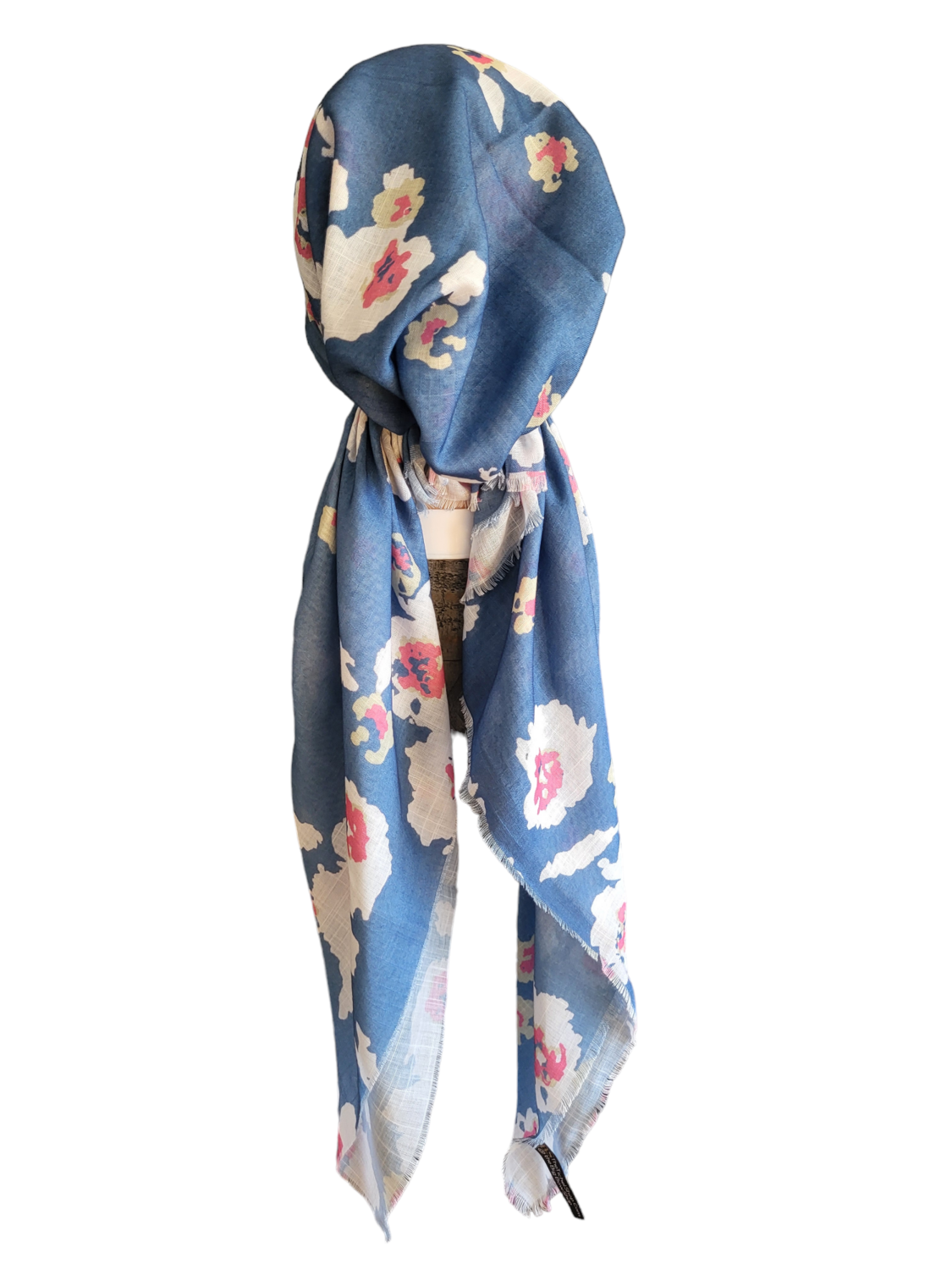 Dusty denim - white flowers - soft fringes pretied tichel