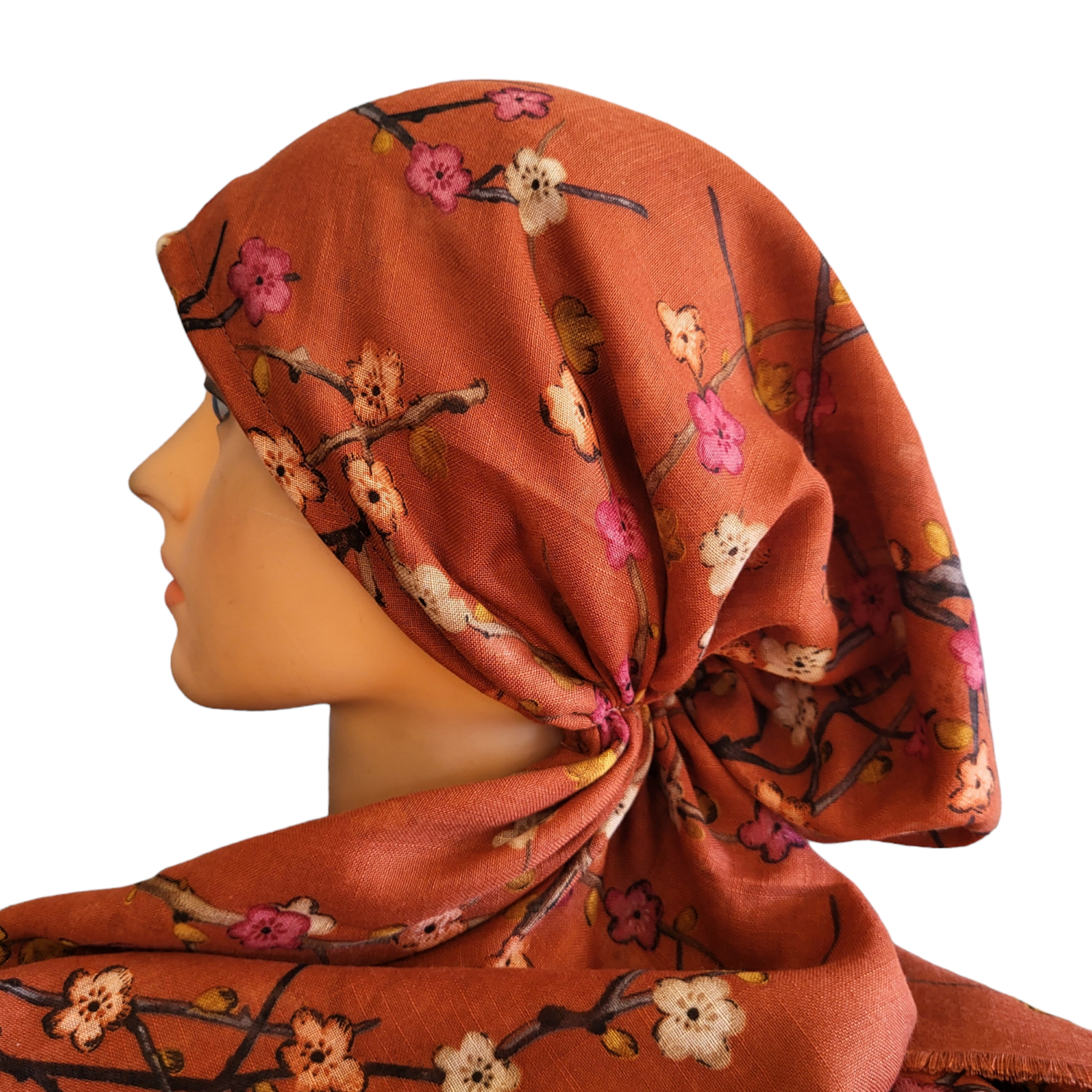 Pretty  flowers - soft fringes pretied tichel - rust