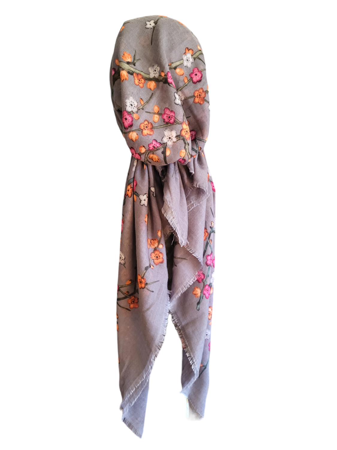 Pretty  flowers - soft fringes pretied tichel - gray