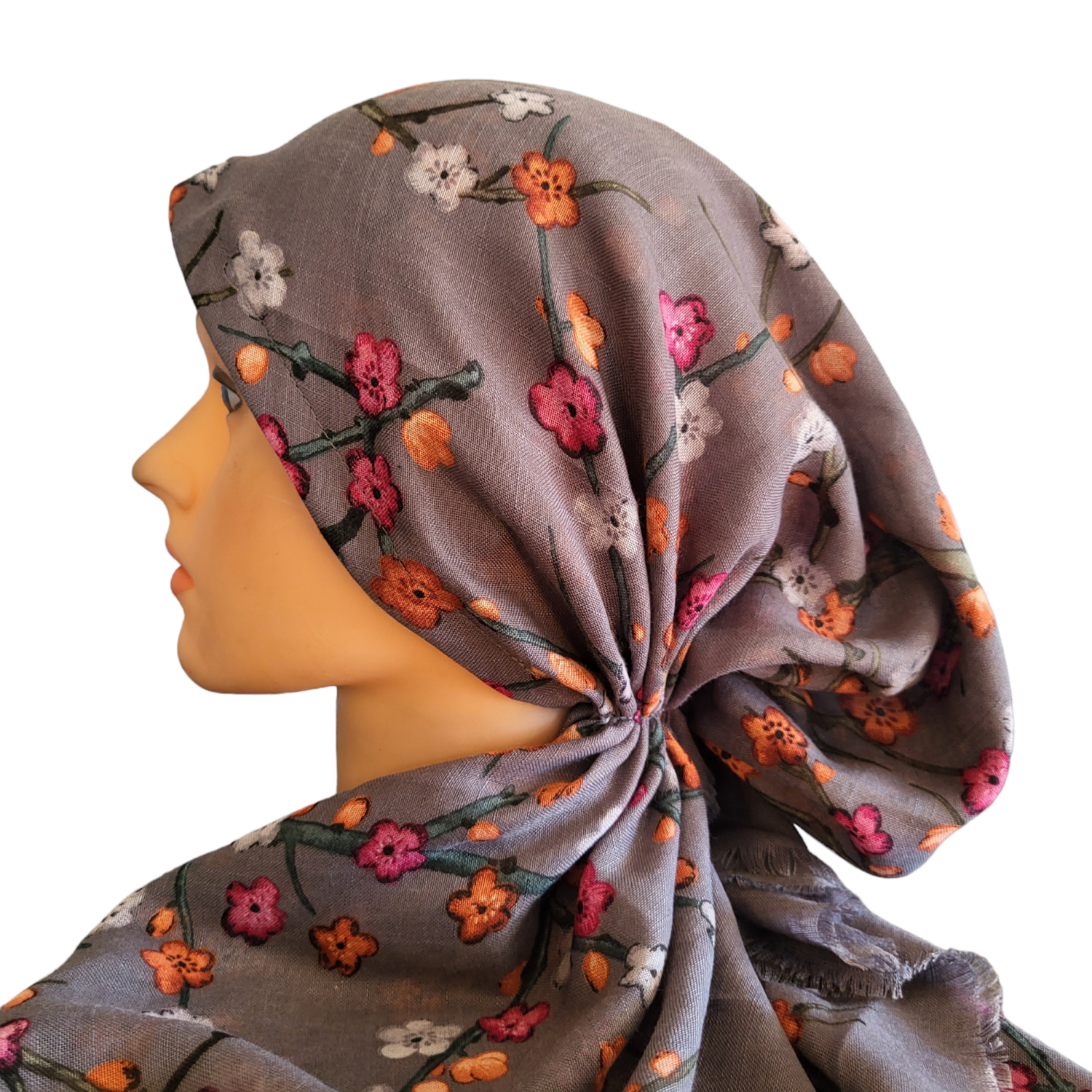 Pretty  flowers - soft fringes pretied tichel - gray
