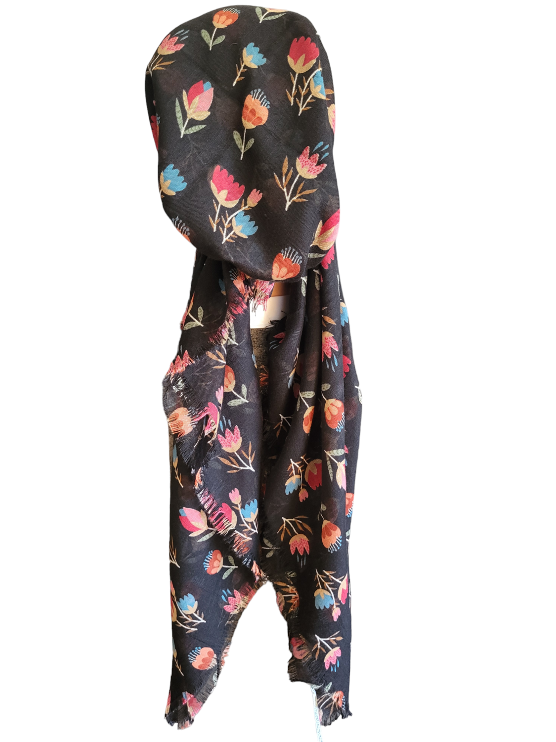 Pretty tulip flowers - soft fringes pretied tichel - Black