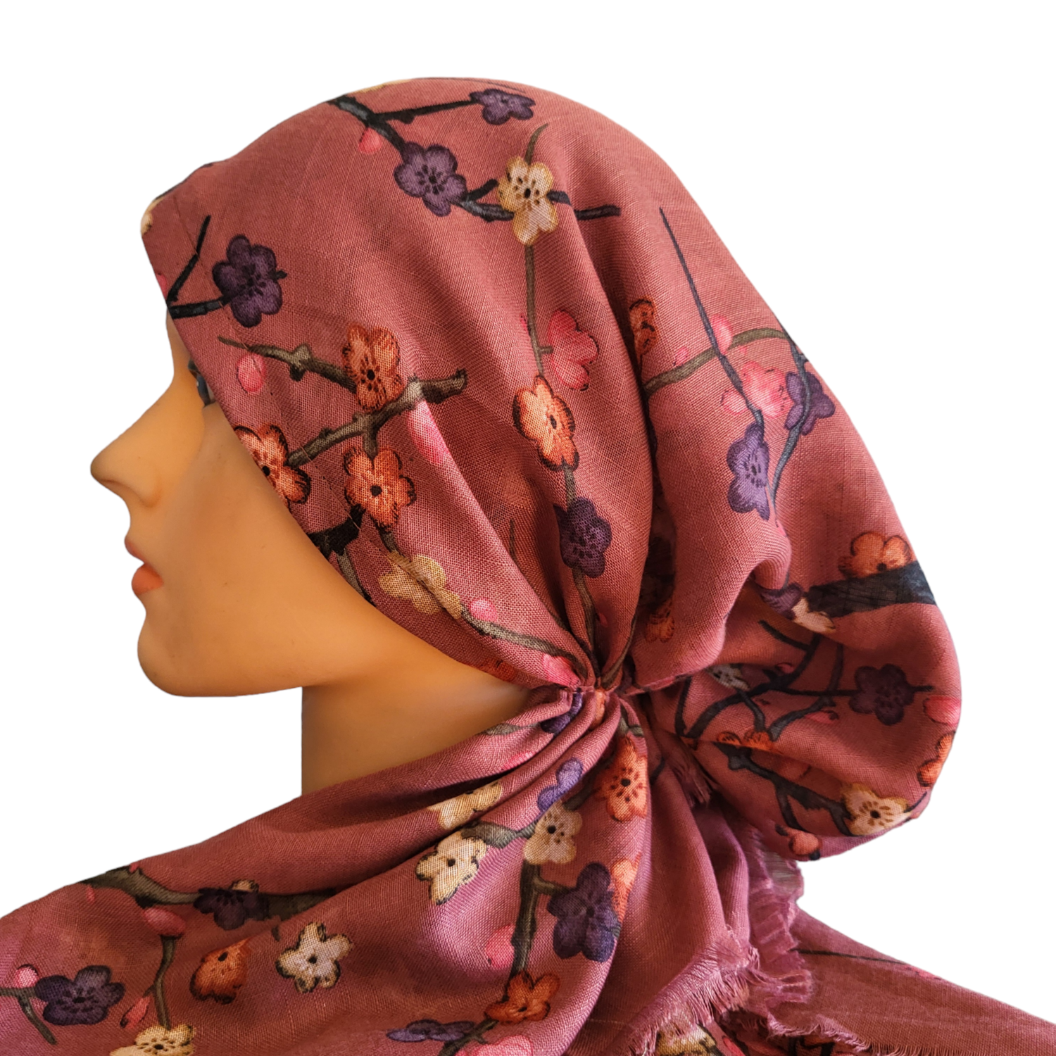 Pretty  flowers - soft fringes pretied tichel - deep rose