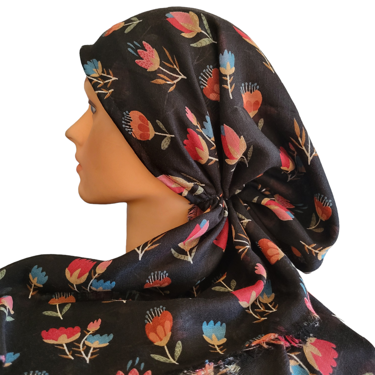 Pretty tulip flowers - soft fringes pretied tichel - Black