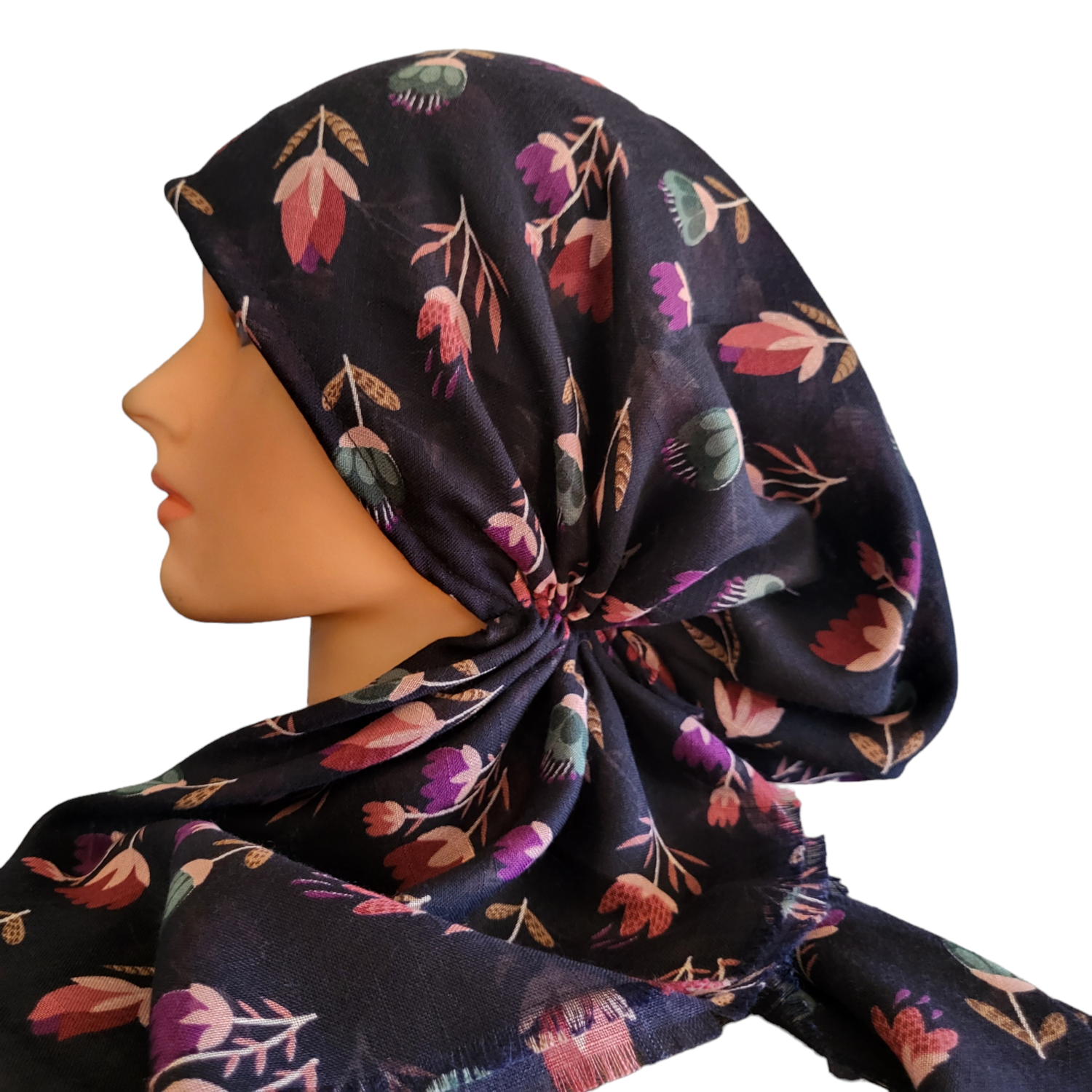 Pretty tulip flowers - soft fringes pretied tichel - Navy