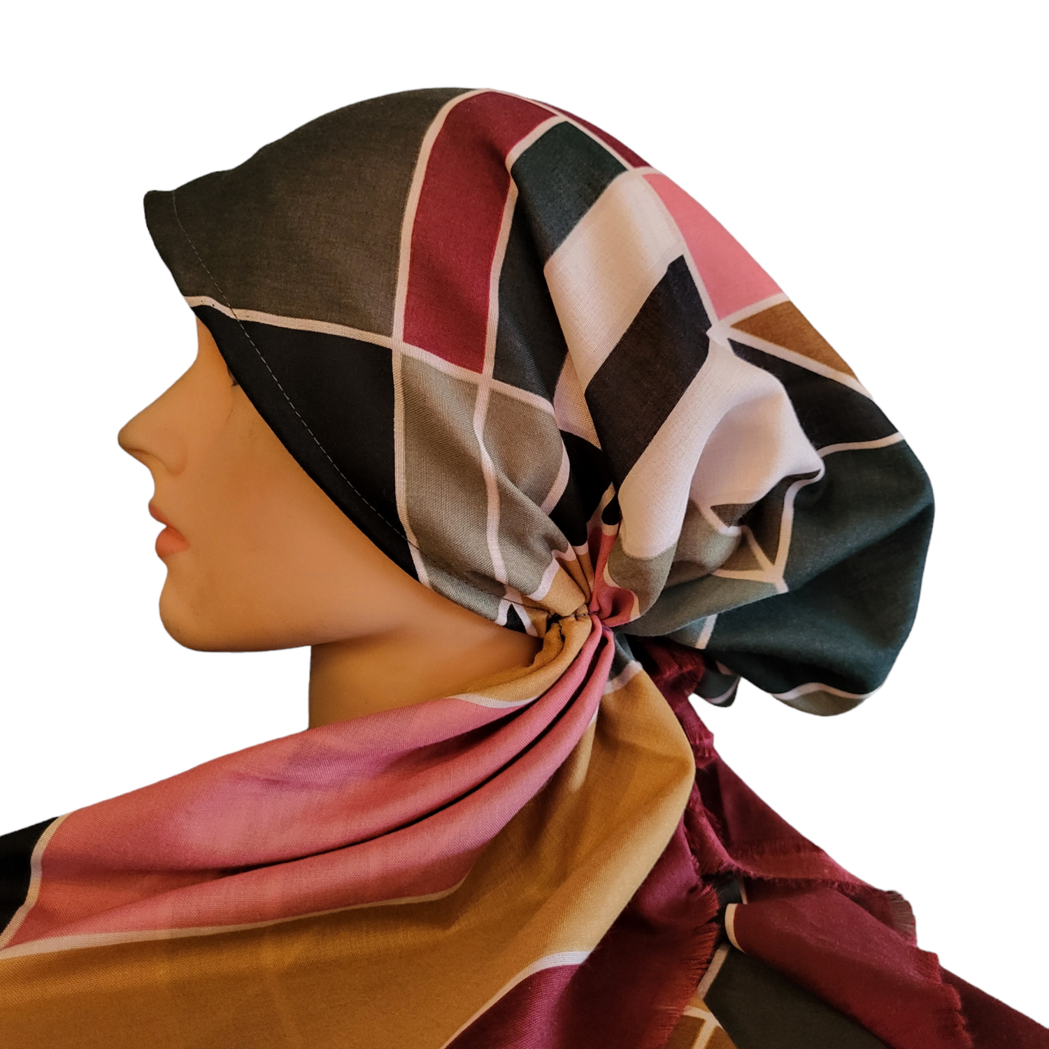 Maroon n&#39; more - prism pattern - soft fringes pretied tichel