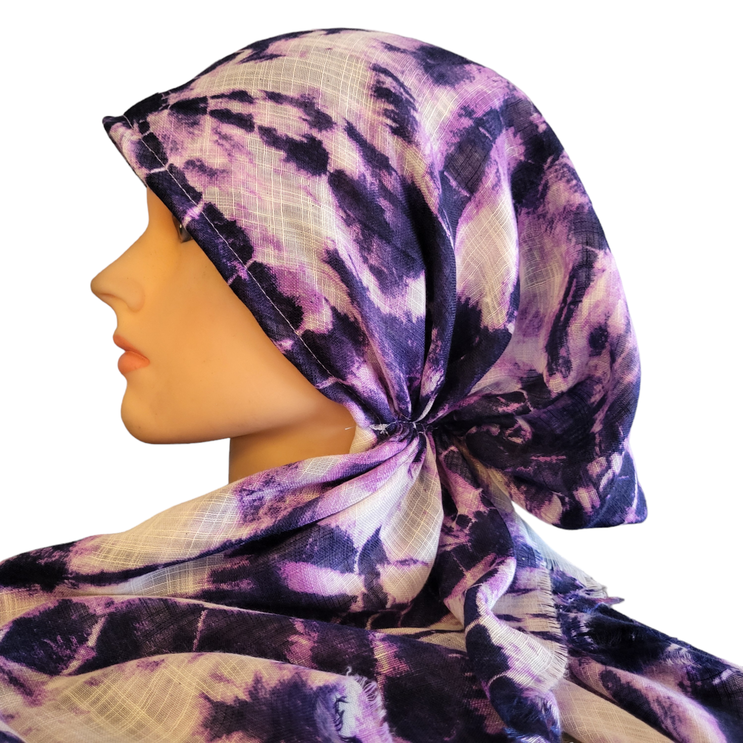 Purple circular  tie dyed - soft fringes pretied tichel
