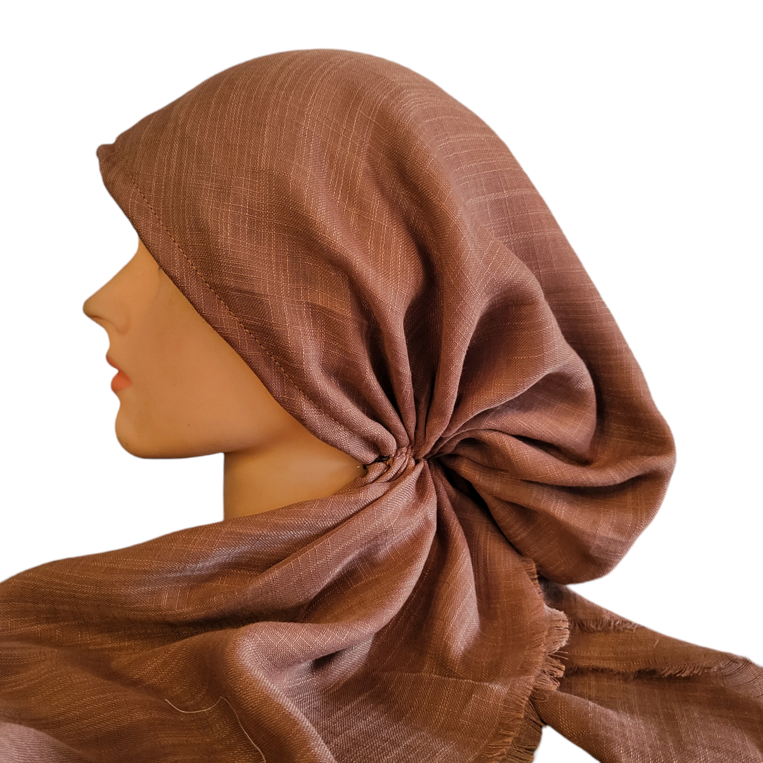 Medium coppery brown solid - soft fringes pretied tichel, choose: w/band sewn in