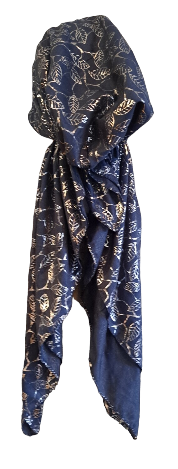 Navy/silver - small leaves pattern pre-tied tichel w/band sewn in (BBS)