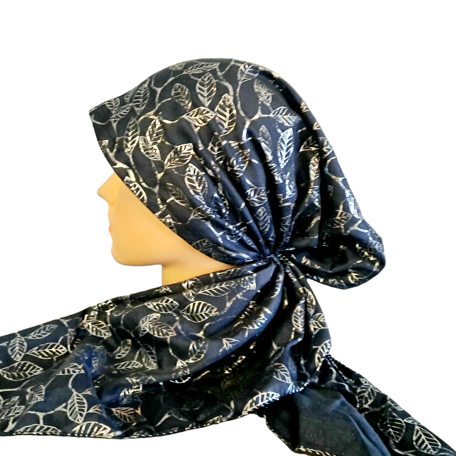 Navy/silver - small leaves pattern pre-tied tichel w/band sewn in (BBS)