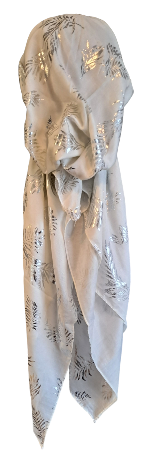 Soft white/silver - leaves pattern pre-tied tichel w/band sewn in (BBS)