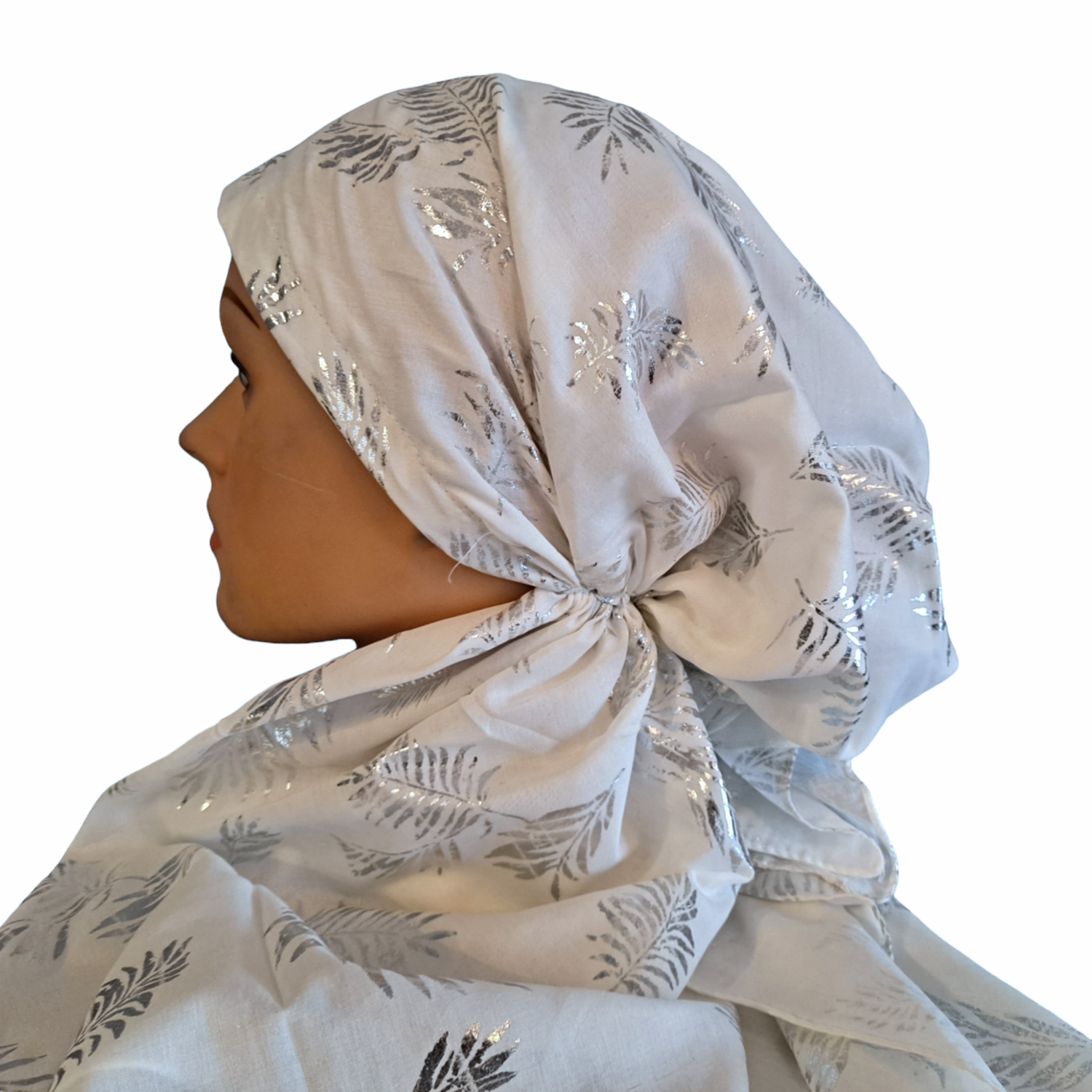 Soft white/silver - leaves pattern pre-tied tichel w/band sewn in (BBS)