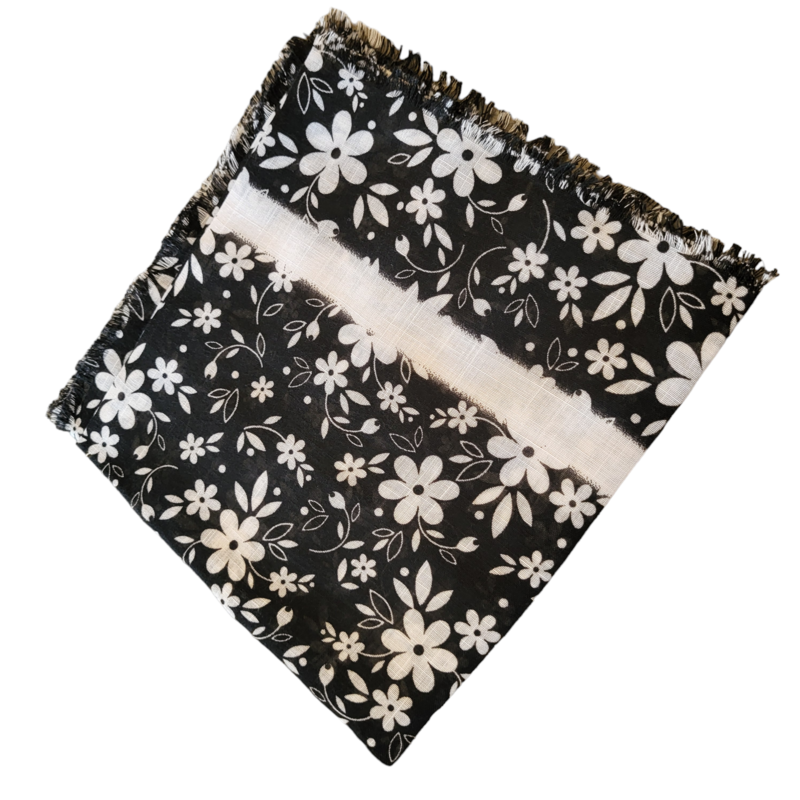 Black/white floral - soft fringes tichel