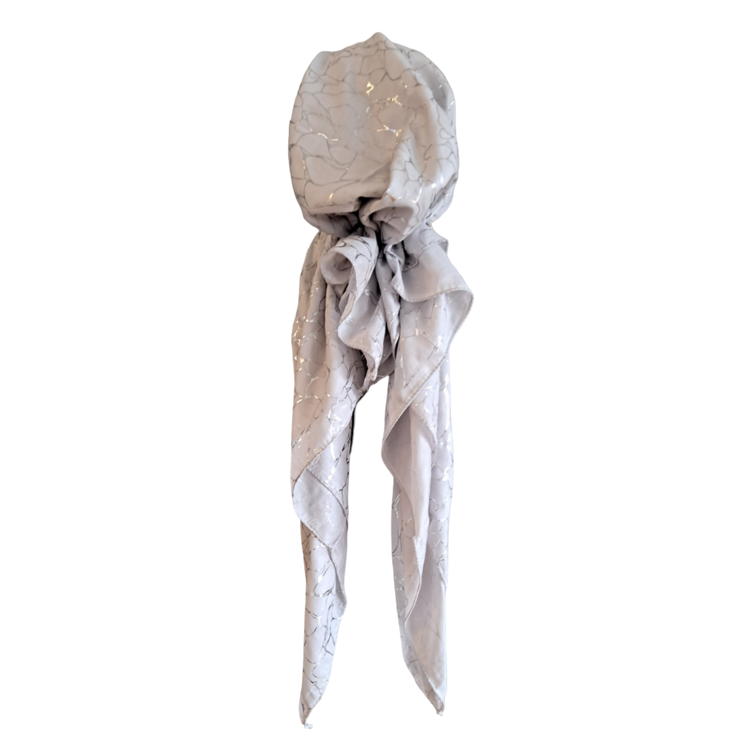 Light gray/silver patterned metallic pretied tichel