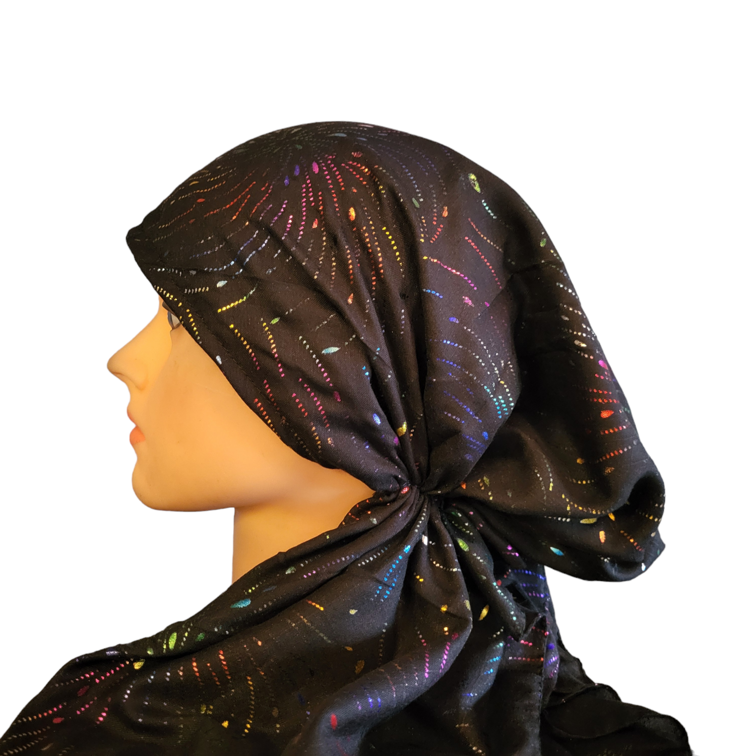 Black/colorful patterned metallic pretied tichel