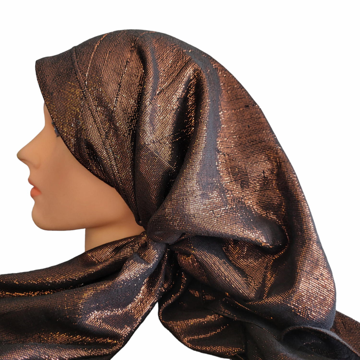Black w/rose gold shimmer - long back pre-tied kerchief w/band sewn in