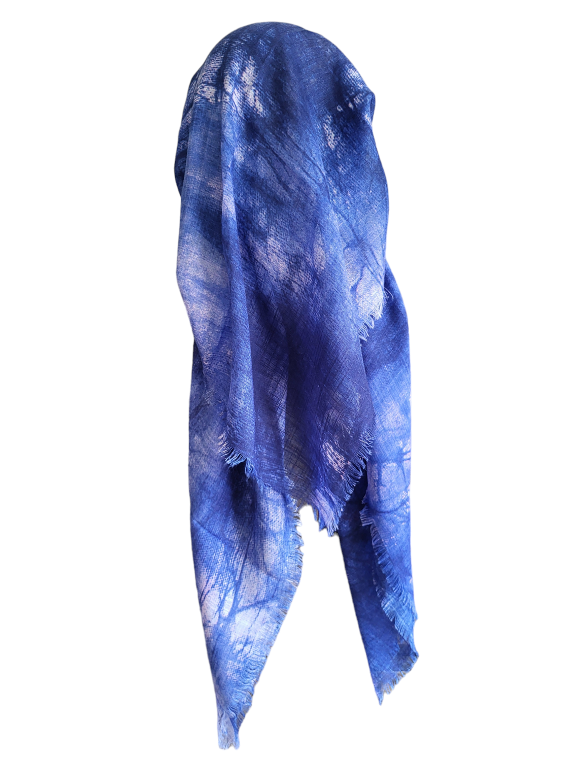 Blue tie dyed - long back pre-tied kerchief w/band sewn in - soft fringe material