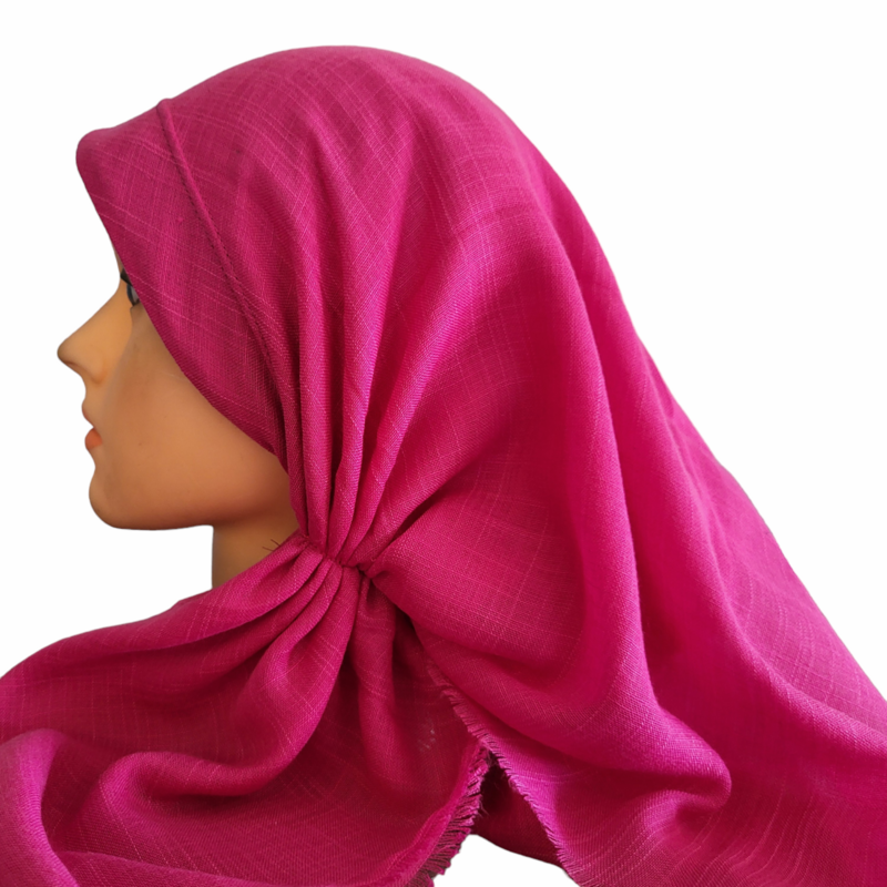 Deep pink solid - long back pre-tied kerchief w/band sewn in - soft fringed edges material