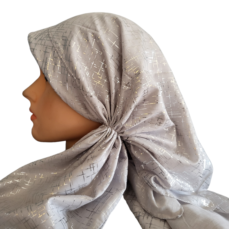Light gray/silver - long back pre-tied kerchief w/band sewn in - thin metallic