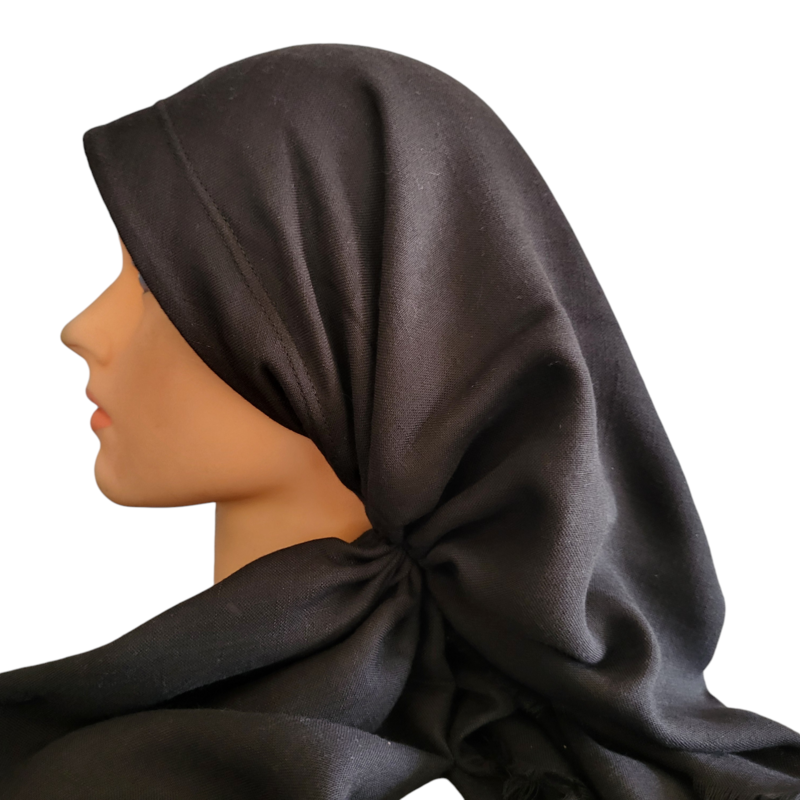 Black solid - long back pre-tied kerchief w/band sewn in - soft fringe material