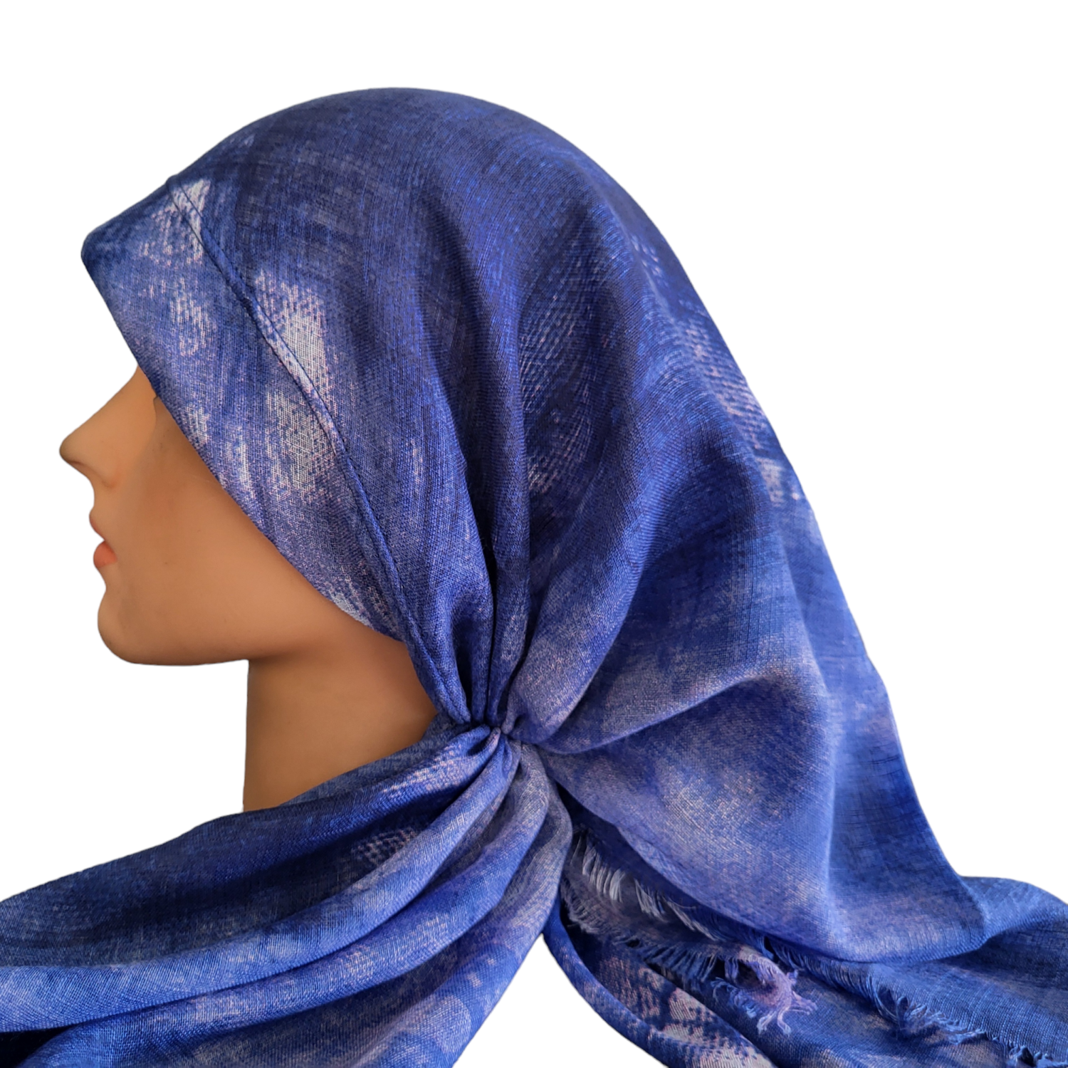 Blue tie dyed - long back pre-tied kerchief w/band sewn in - soft fringe material