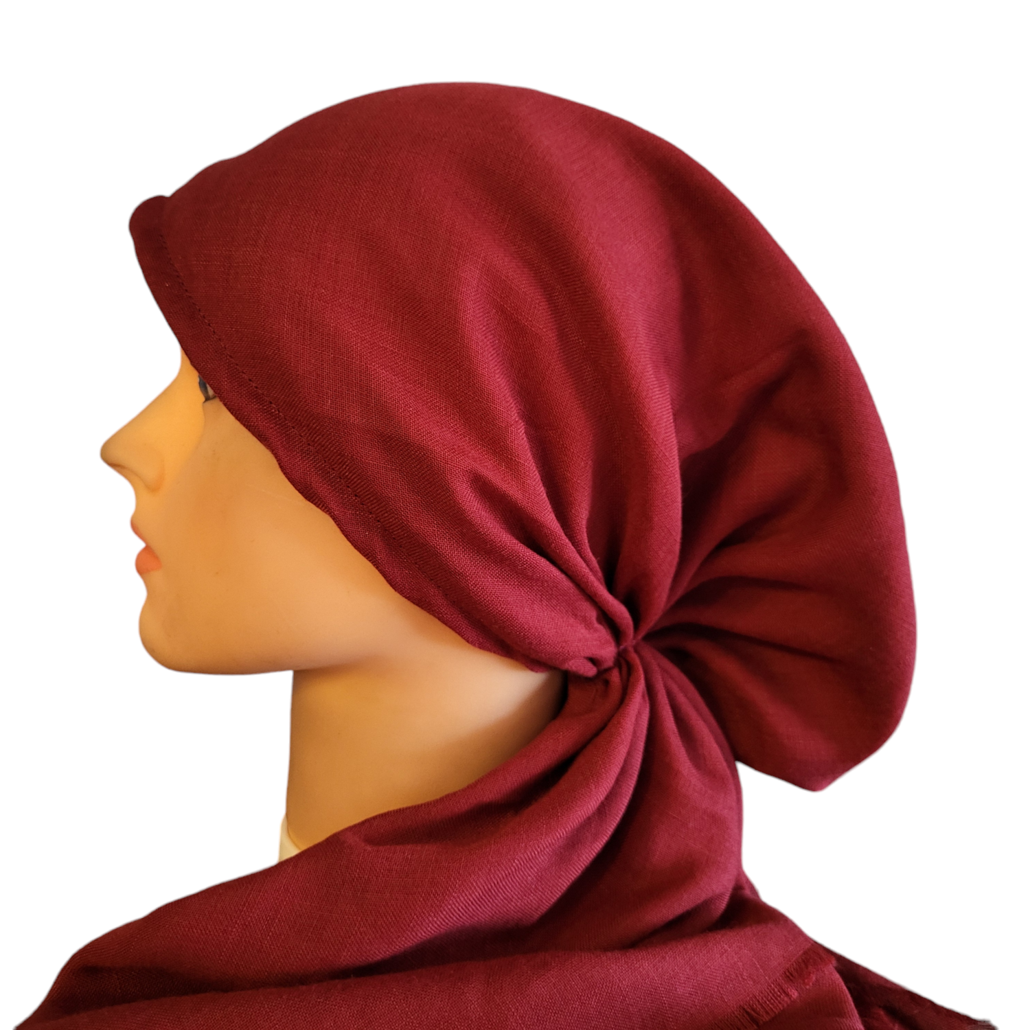 Maroon solid  - soft fringes pretied tichel w/band sewn in (BBS)