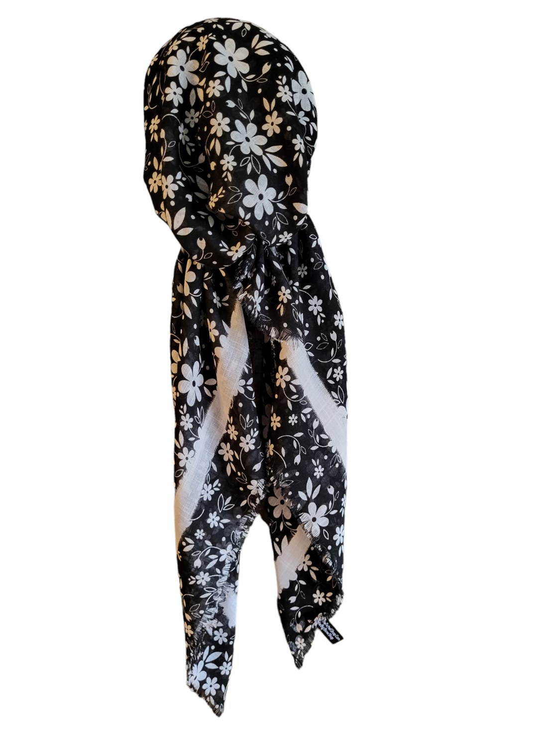 Black/White - soft fringes pretied tichel - Floral