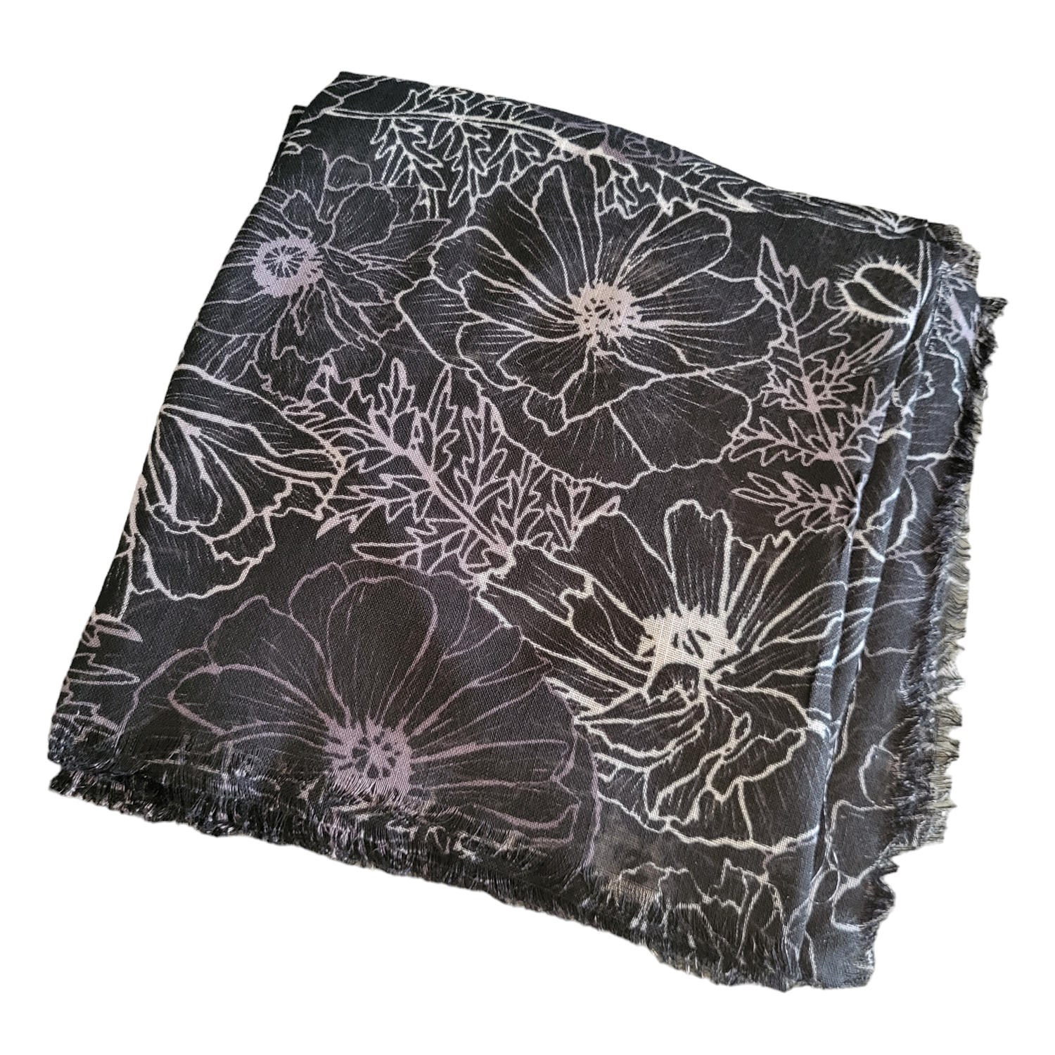 Black - Soft fringes tichel - flowers pattern