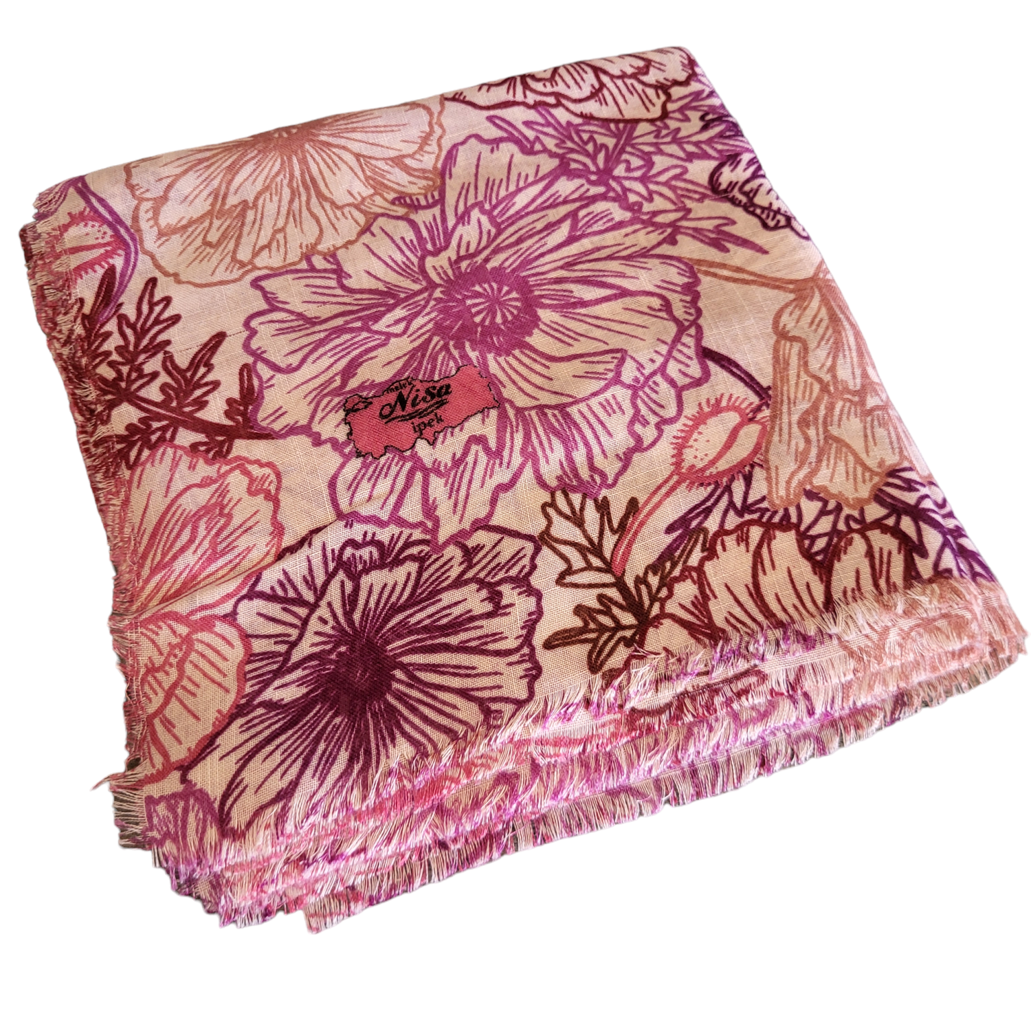 Pink - Soft fringes tichel - flowers pattern