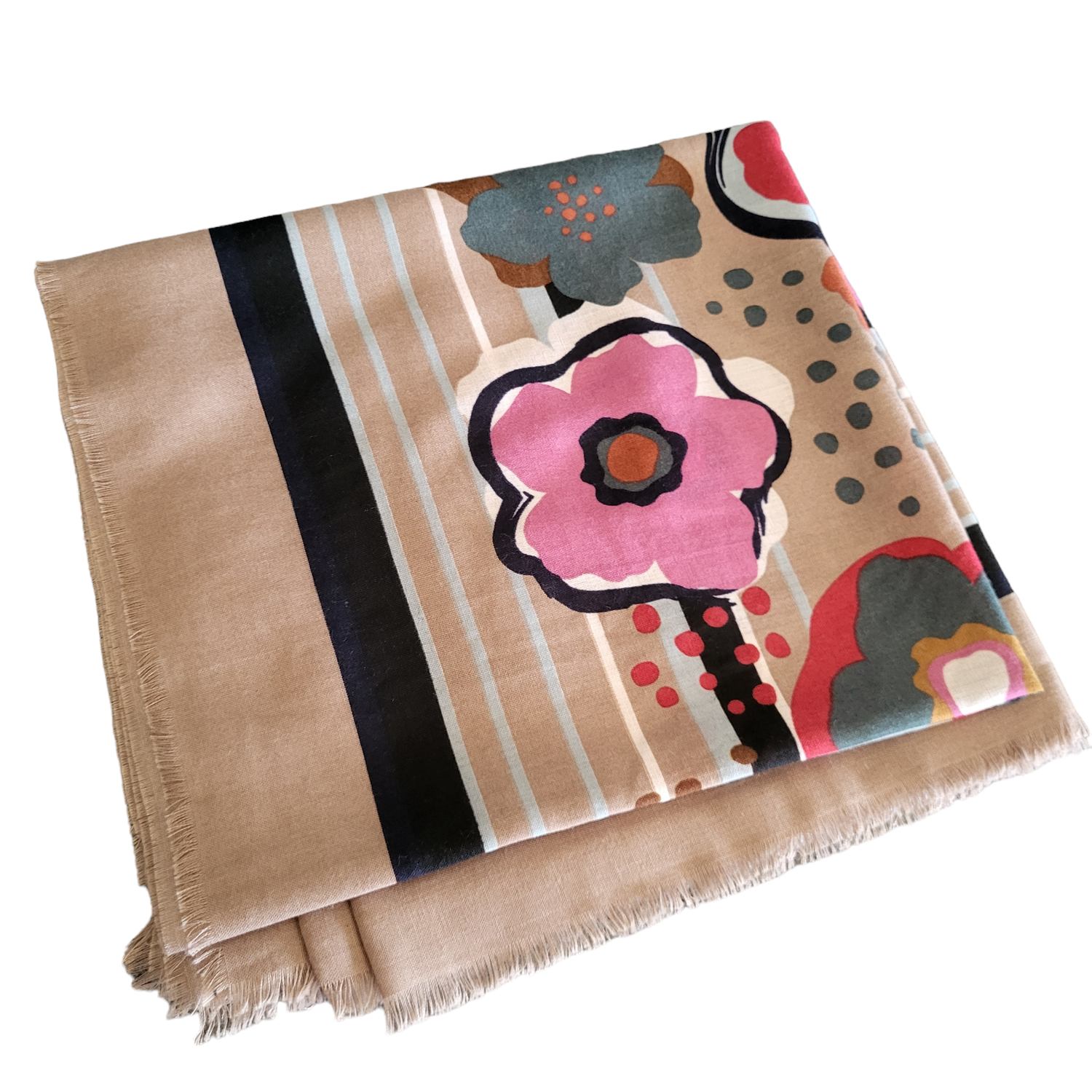 Tan - Slightly shiny Soft fringes tichel - colored flowers pattern